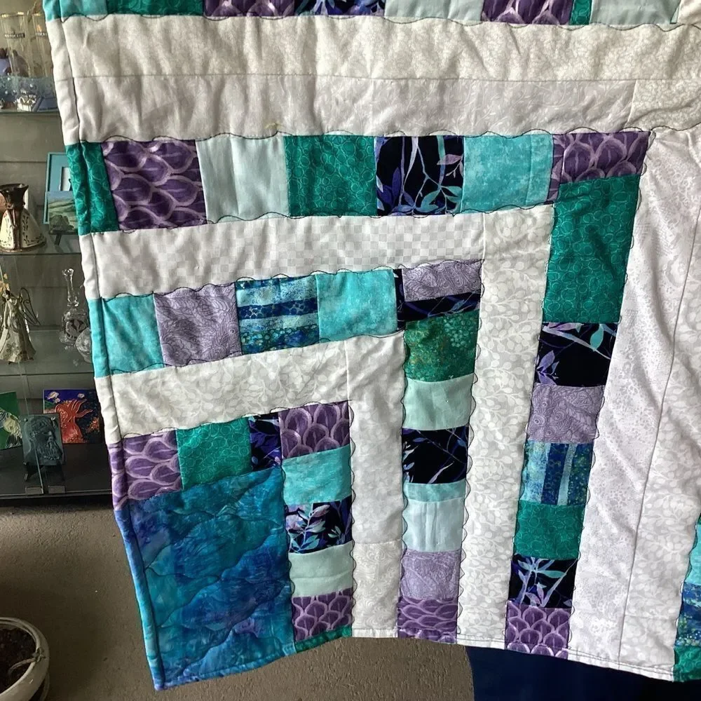 NWT. Hand Crafted Quilt of Blues, Purples and Turquoises